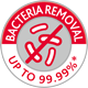 Ein rundes Etikett mit der Behauptung „Bakterienentfernung bis zu 99,99 %“ sowie der Grafik einer durchgestrichenen Bakterie, zentriert in einem weiß-roten Farbschema, auf dem Vileda Professional Swep Duo r-SafetyPlus Mop – 50 cm | Packung (1 Stück).