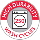 Ein Abzeichen, das eine Waschmaschine in einem Kreis darstellt, mit der Aufschrift „Hohe Haltbarkeit 250 Waschzyklen“ in den Farben Rot und Weiß, was die Produktlebensdauer mit Vileda Professional Swep Duo r-SafetyPlus Mop – 50 cm | Packung (1 Stück) betont.